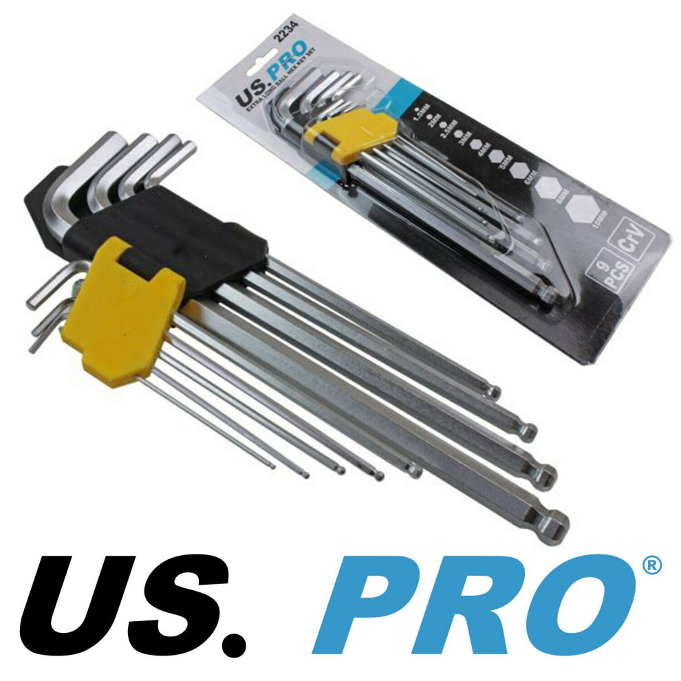 US Pro Tools 9pc Extra Long Ball Point Hex Keys Hex Set Pro 1.5 - 10mm CRV 2234