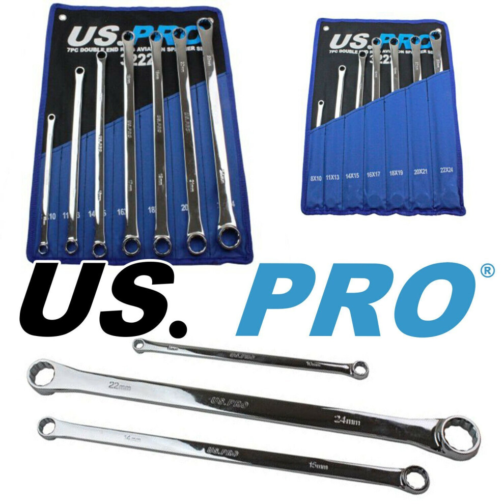 US PRO Tools 7pc Aviation Double Ended Ring Extra Long Spanner Set 8 - 24mm 3222