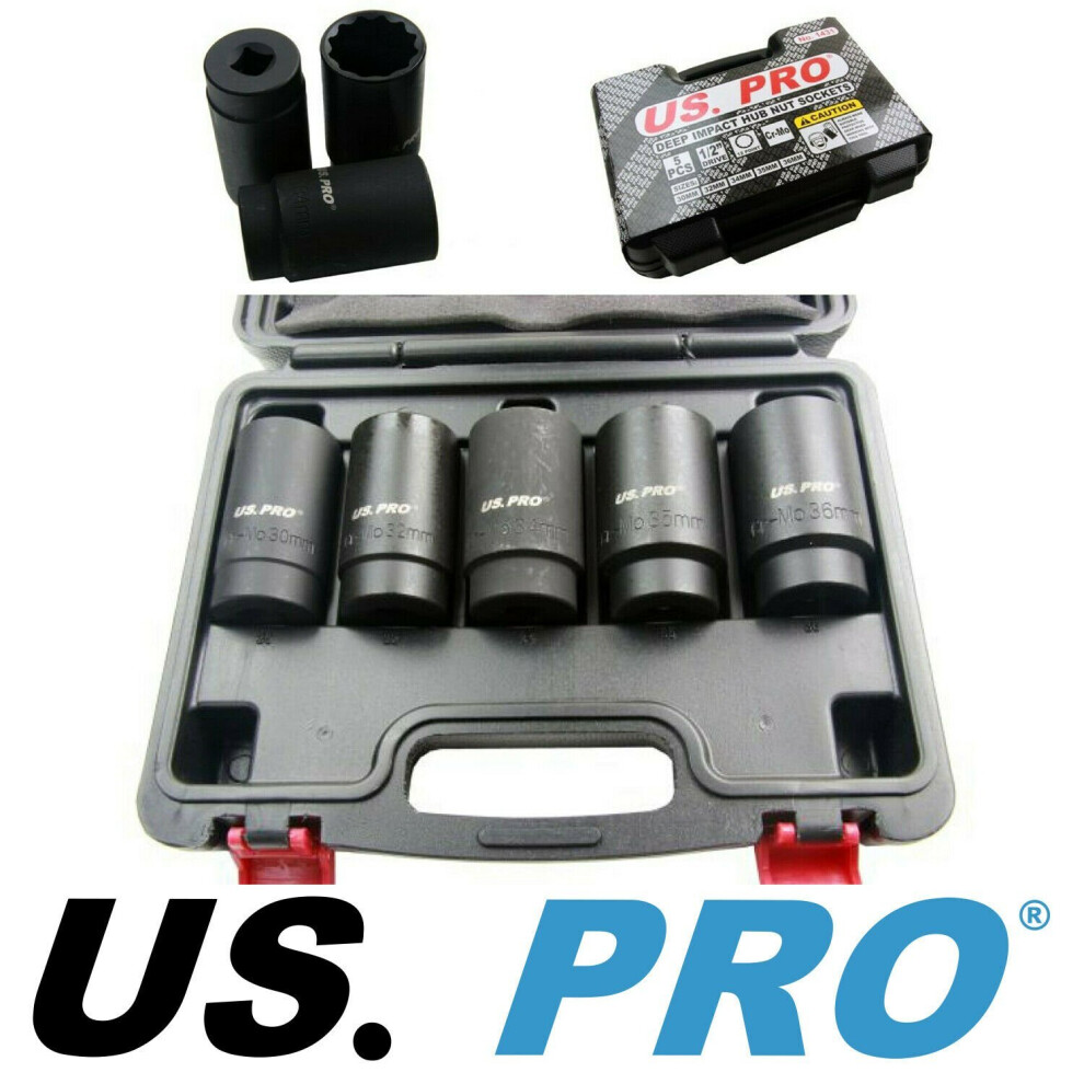 US PRO TOOLS 5pc 1/2" dr  Deep Impact Hub Nut Socket 30-32-34-35-36mm 1431