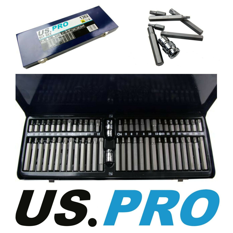 US PRO Tools 58pc Hex Allen Spline Torx and Security Star Bit Set NEW 1362