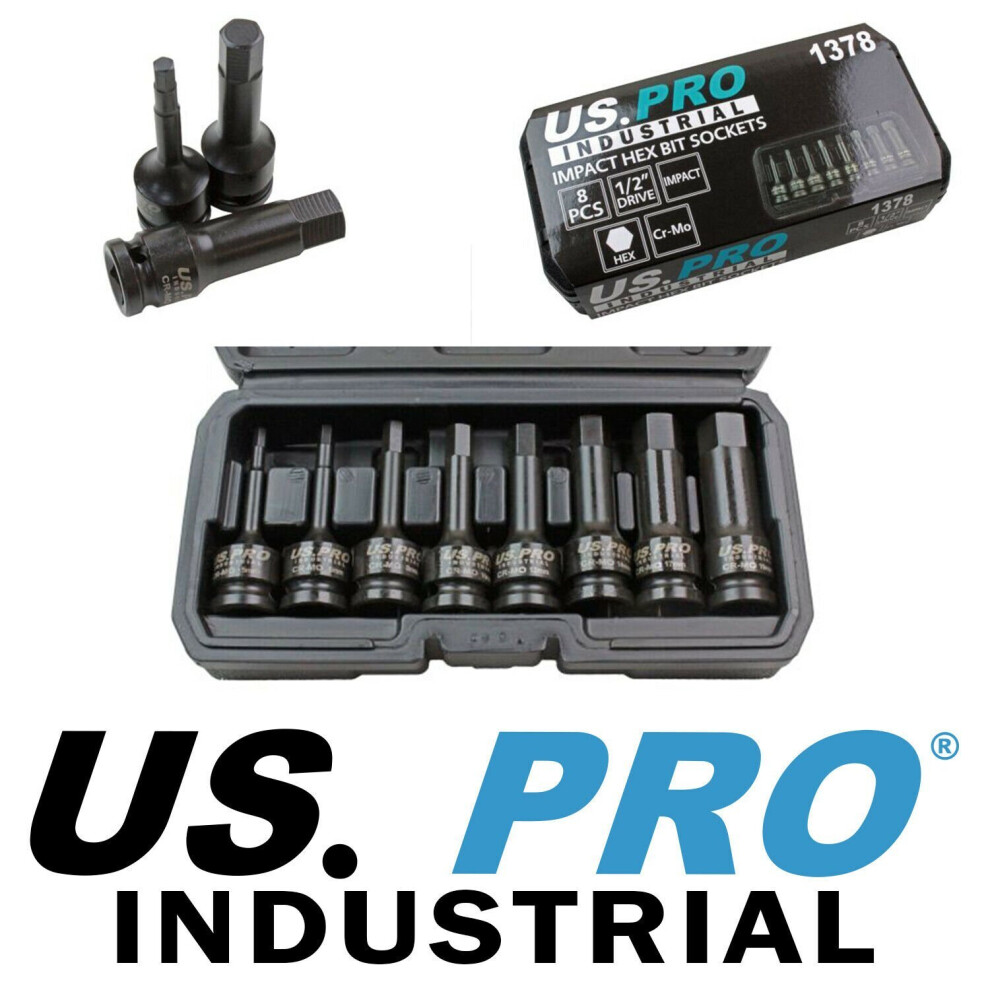 US PRO INDUSTRIAL 8 Piece 1/2" Impact Hex Allen Socket Bit Tool Set 80mm 1378