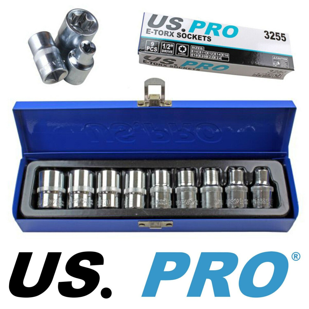US PRO Tools 9pc 1/2" Dr Female Torx E-TRX Star Socket Set E10-E24 B3255 - Image 3