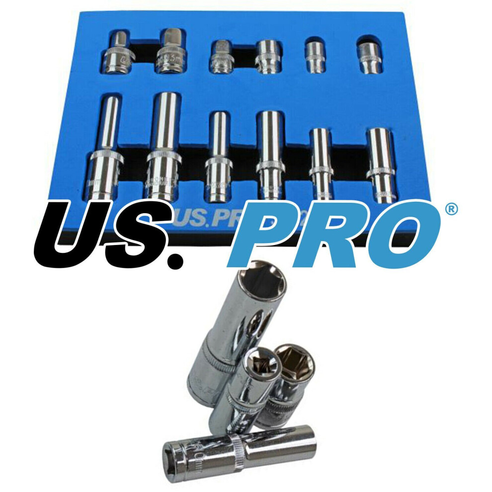 US PRO Tools 12pc 1/4 3/8 1/2 dr 10mm & 13mm 6pt Shallow & Deep Sockets NEW 3382