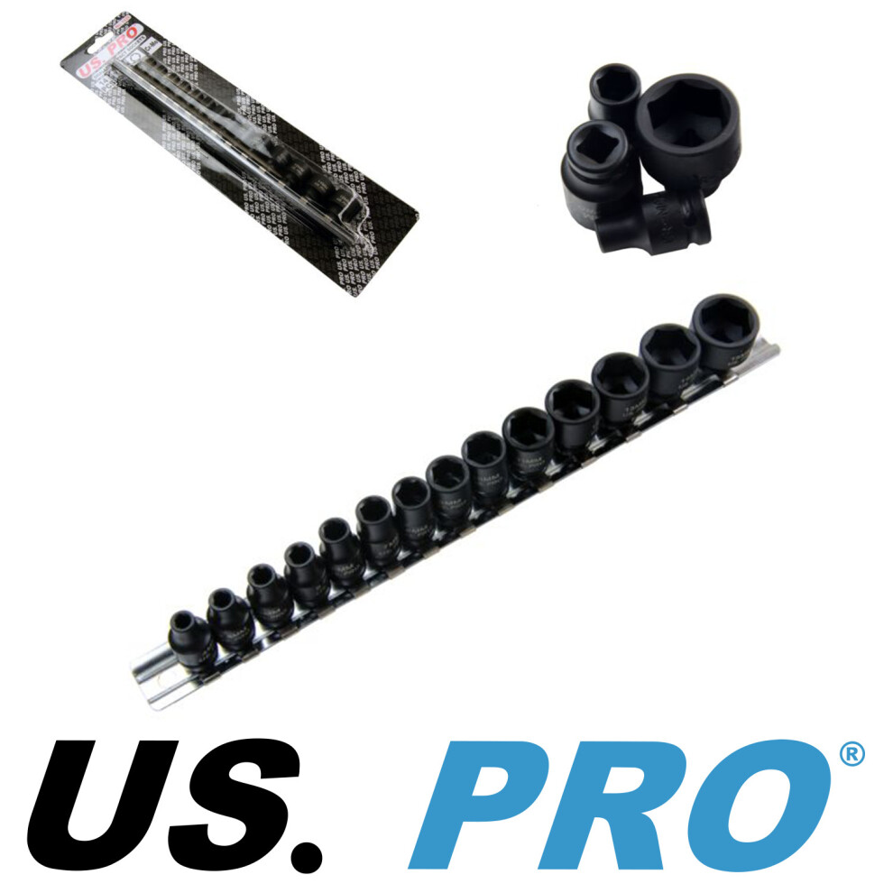 US PRO TOOLS 14 Piece 1/4" Drive IMPACT Socket Set 4mm to 15mm On Rail 1429