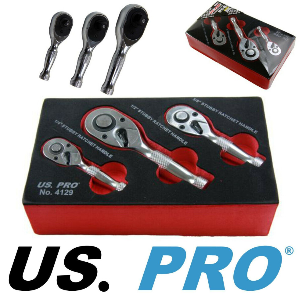 US PRO TOOLS 3pc Stubby Ratchet Handle Set 1/4" 3/8" 1/2" Short Socket Wrenches