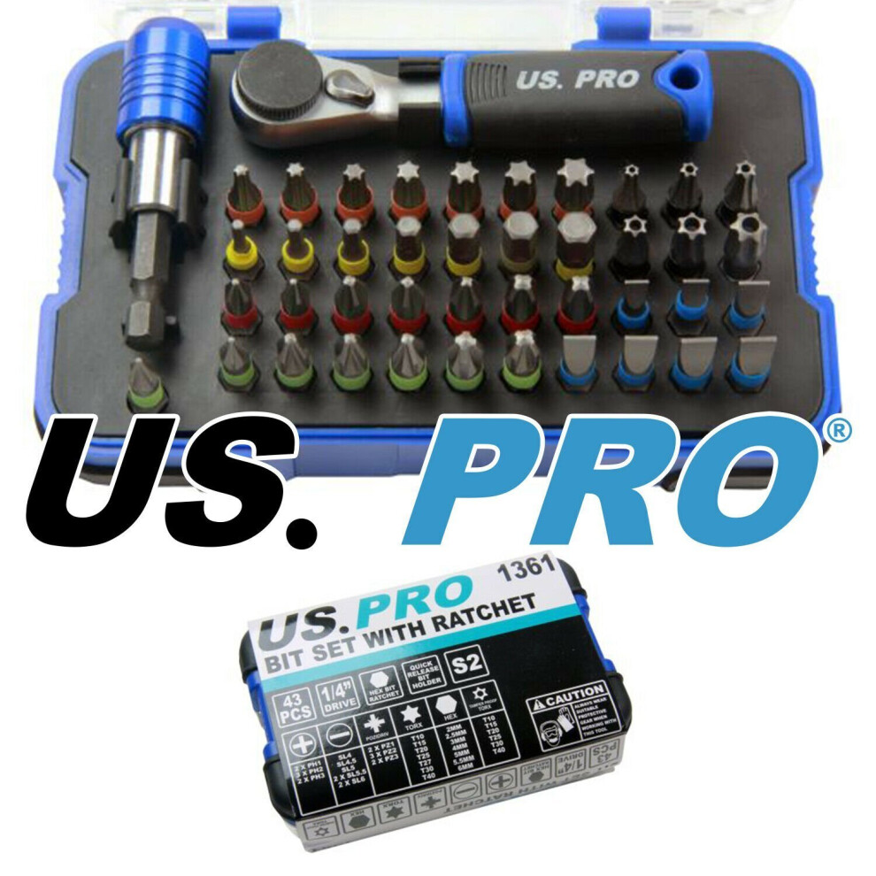 US PRO Tools 43pc Bit Set With Hex Bit Ratchet Driver  PH PZ SL TRX HEX etc 1361