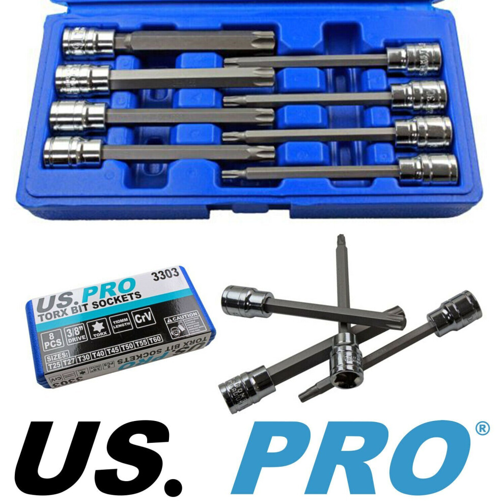 US Pro Tools 8pc 3/8" DR Star Bit Socket Set Long Torx Torx Bits T25-T60 3303