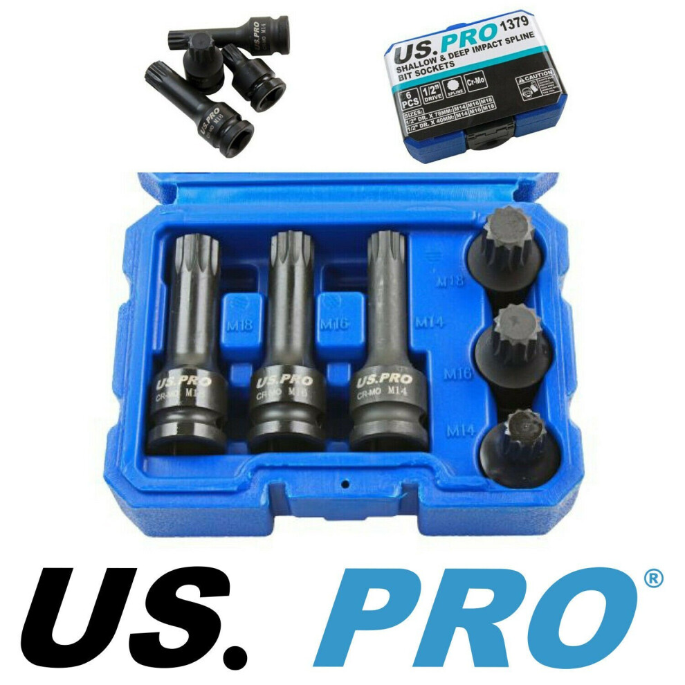 US PRO 6PC 1/2" Dr Impact Spline Bit Sockets Shallow & Deep M14 M16 M18 1379