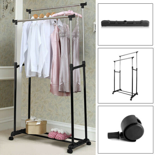 Black Adjustable Double Clothes Rail Garment Hanging Stand Metal Free