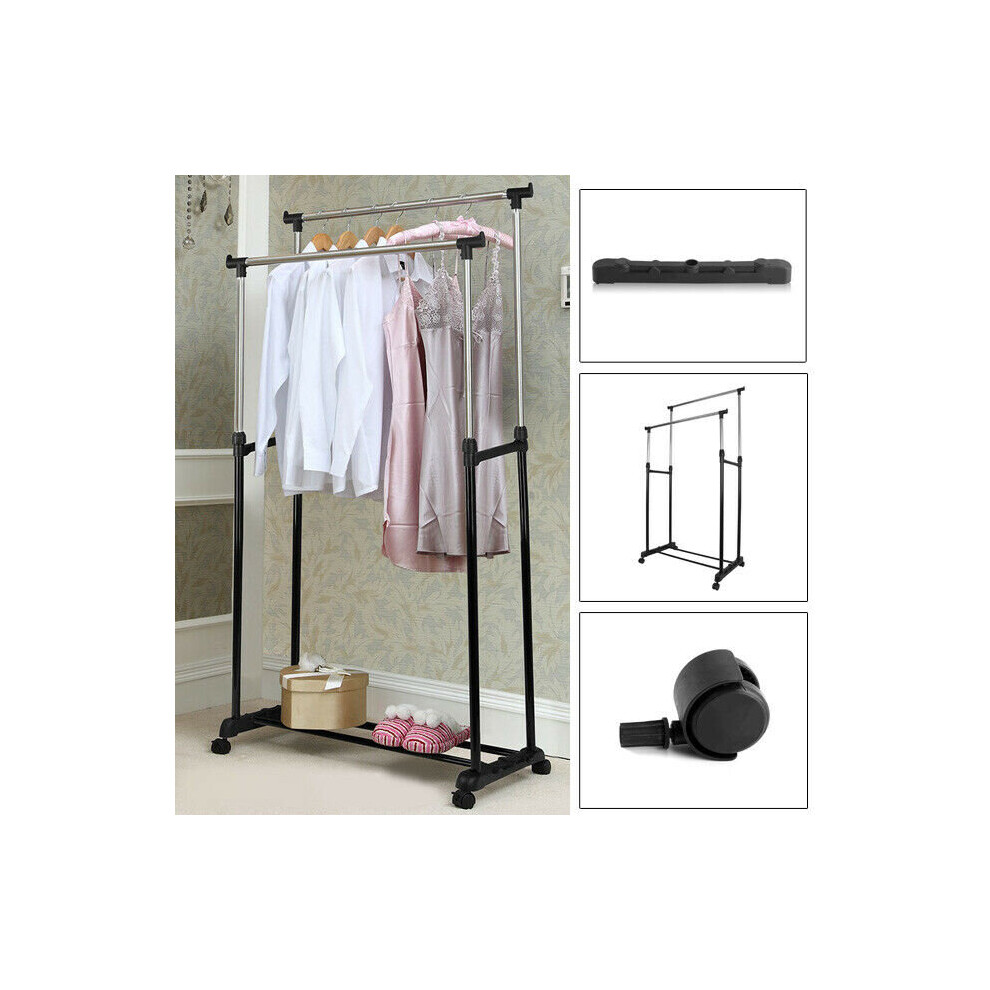 Black Adjustable Double Clothes Rail | Garment Hanging Stand  Metal Free Standing  Clothes Rail With Shelves on Wheels