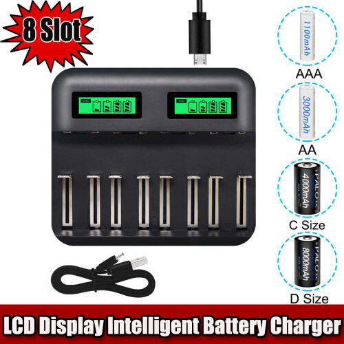 LCD Universal Battery Charger for AA AAA C D Rechargeable Batteries Multiple Battery Charger with Intelligent Battery Detection Technology 8 Slot