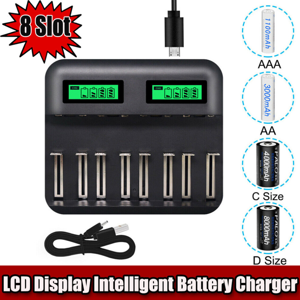 LCD Universal Battery Charger for AA AAA C D Rechargeable Batteries Multiple Battery Charger with Intelligent Battery Detection Technology 8 Slot