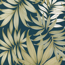 (A45303 Dark Teal Gold) Grandeco Vogue Wallpaper Metallic Tropical Forest Palm Leaves Jungle Rainforest