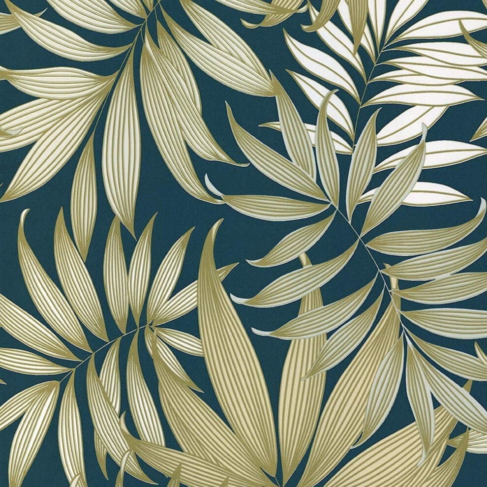 (A45303 Dark Teal Gold) Grandeco Vogue Wallpaper Metallic Tropical Forest Palm Leaves Jungle Rainforest