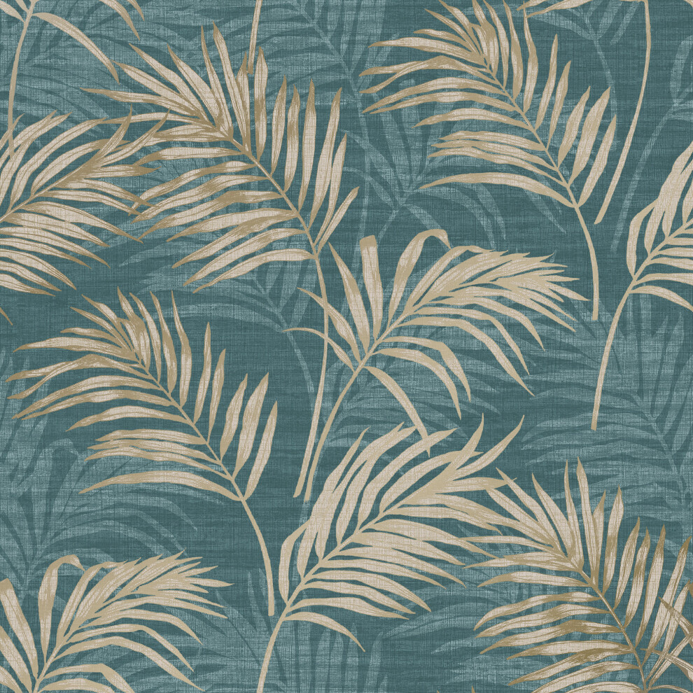 (A46105 Teal Taupe Gold) Grandeco Lounge Palm Leaves Wallpaper Metallic Tropical Tree Leaf Rainforest