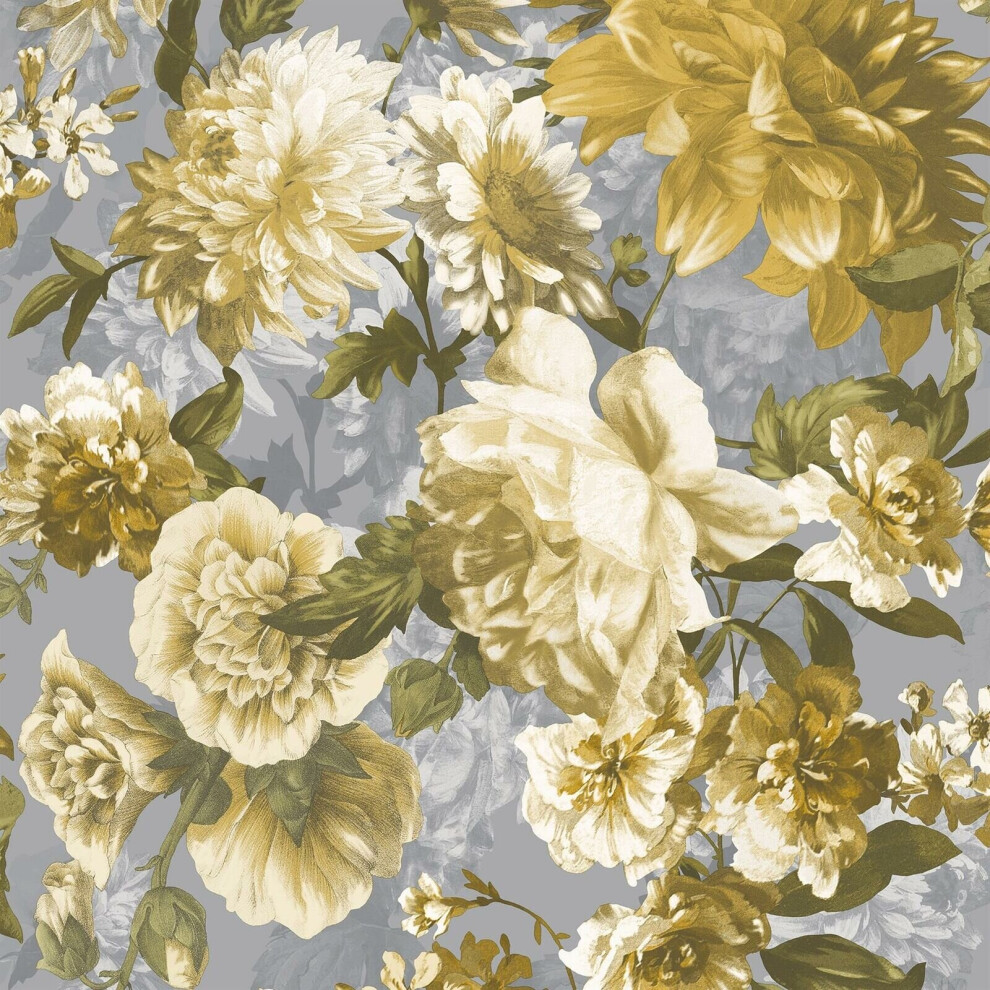 (A43003 Yellow Green Grey) Grandeco Secret Garden Floral Wallpaper Flowers Roses Leaves Leaf Feature Wall