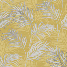 (A46103 Ochre Yellow Silver) Grandeco Lounge Palm Leaves Wallpaper Metallic Tropical Tree Leaf Rainforest
