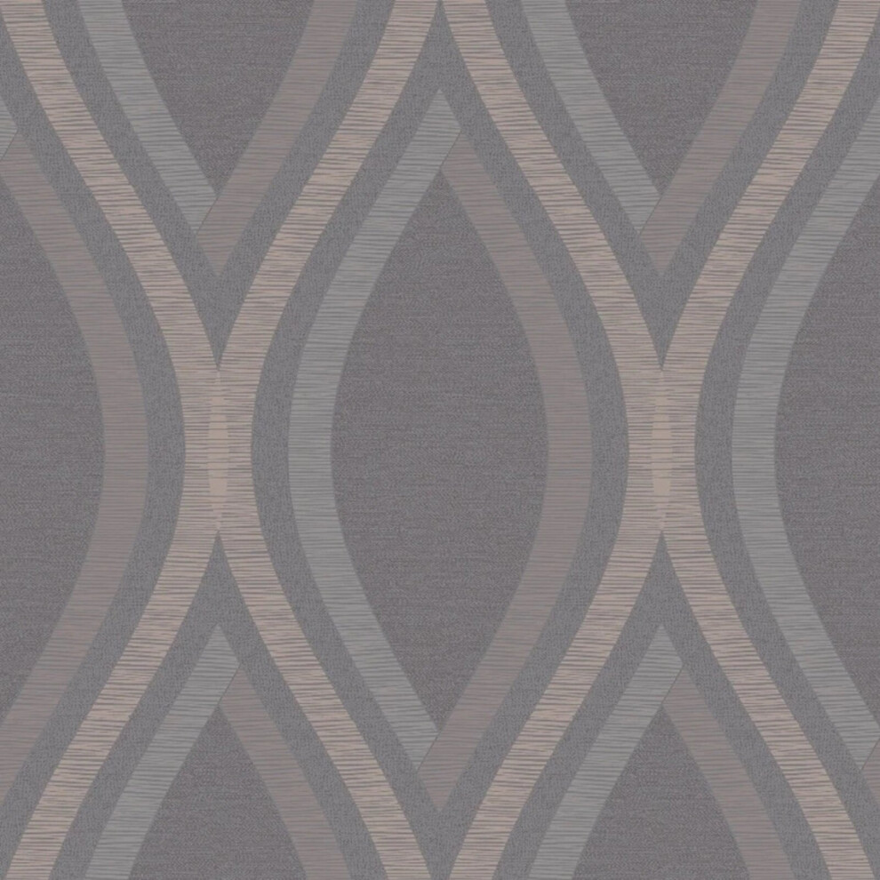 (A44502 Charcoal Grey Rose Gold) Grandeco Strata Geometric Curve Wallpaper Geo Ogee Metallic Textured Embossed