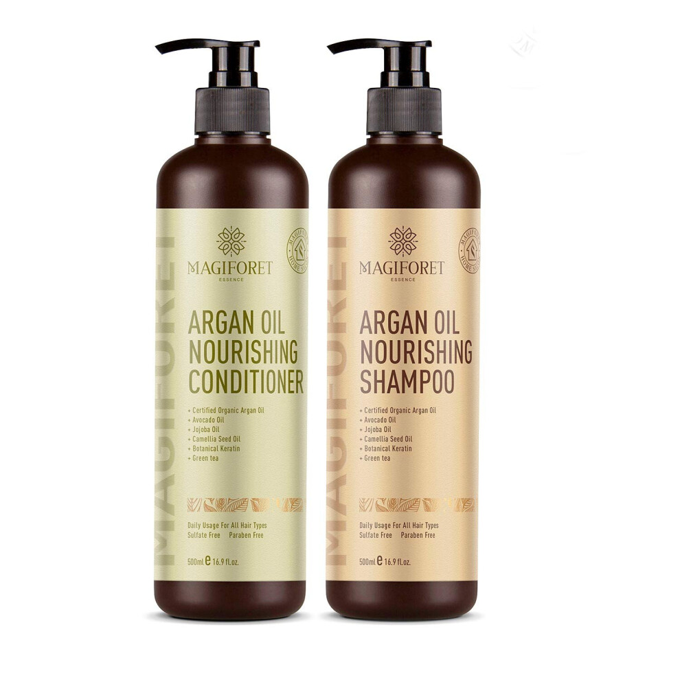 Argan Oil Shampoo and Conditioner Set (2 x 16.9 Oz) - MagiForet Organic Shampoo & Conditioner Sulfate Free - Volumizing & Moisturizing, Gentle on Curl