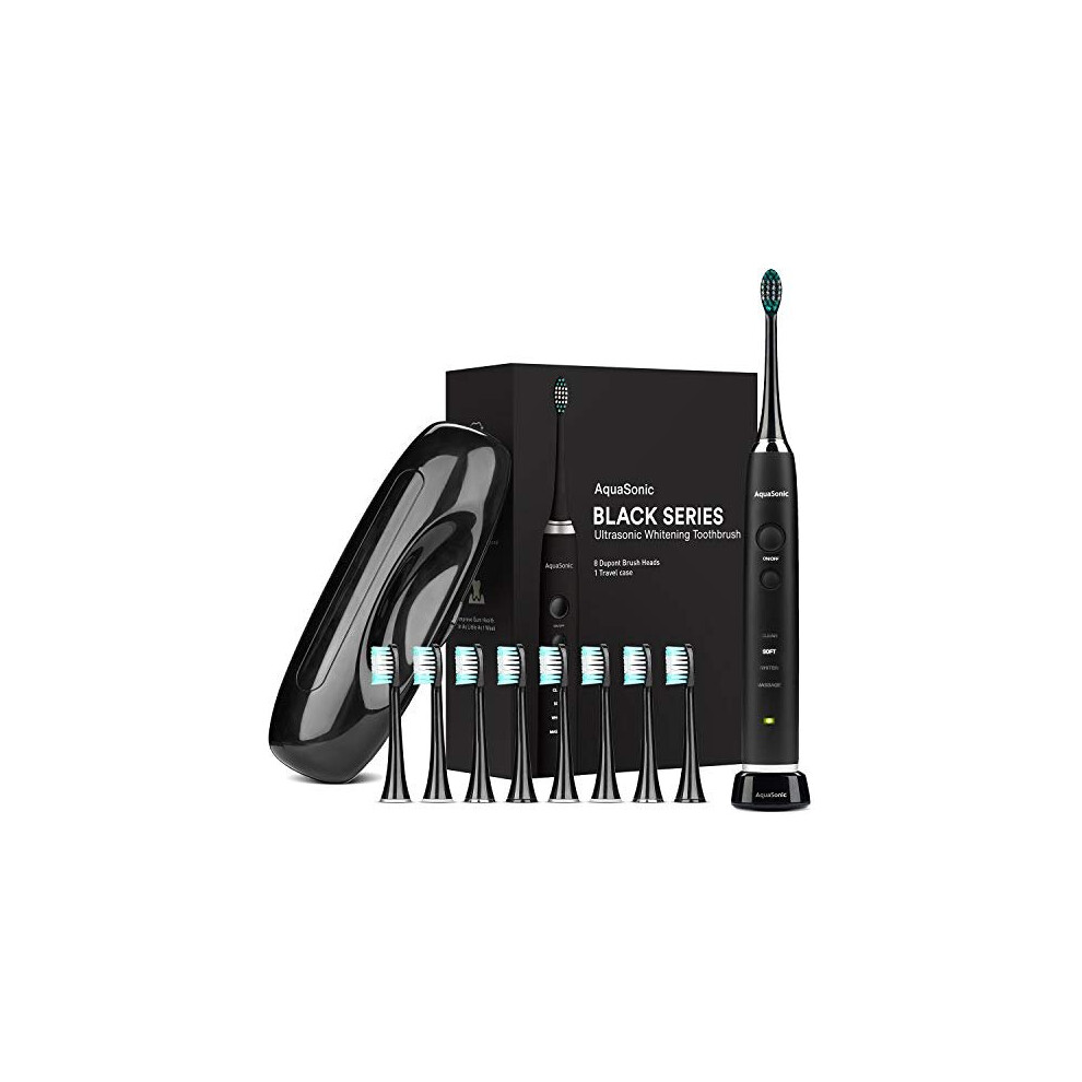 Aquasonic Black Series Ultra Whitening Toothbrush - 8 Dupont Brush Heads & Travel Case Included - Ultra Sonic 40,000 Vpm Motor & Wireless Charging - 4