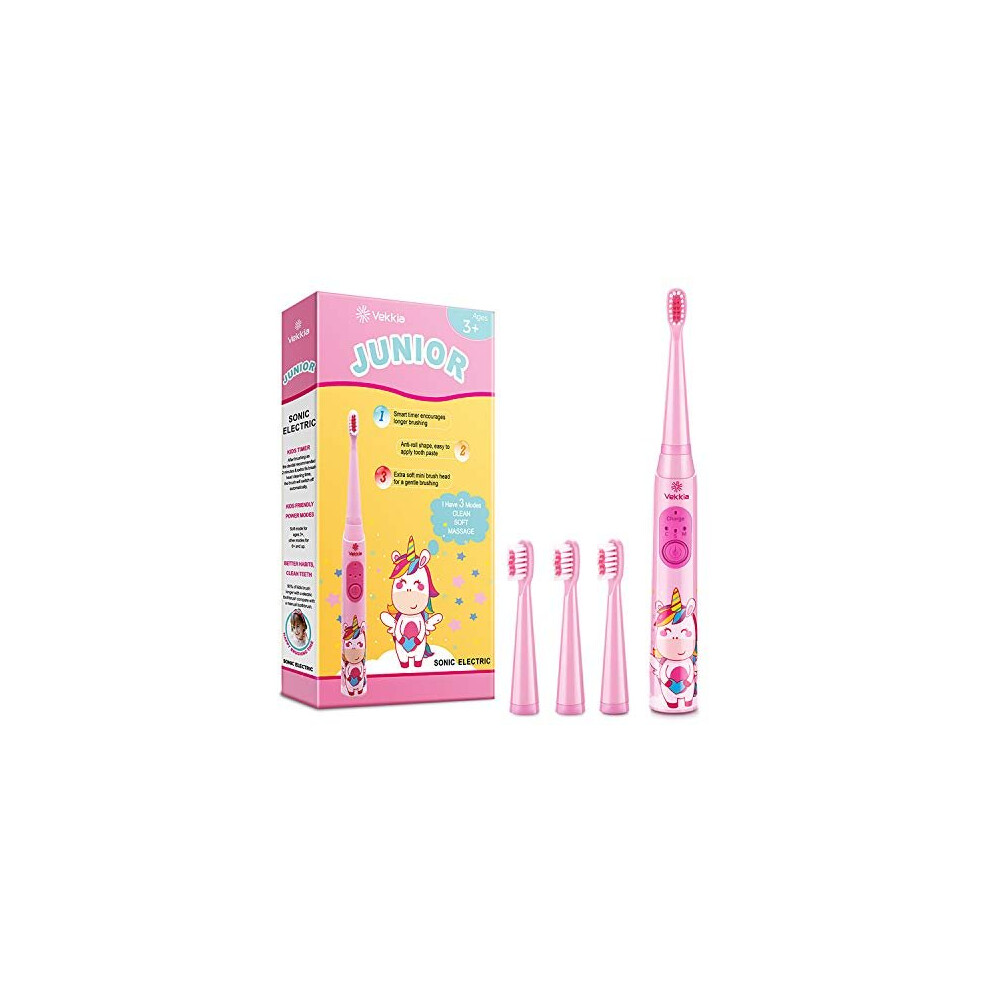 Vekkia Sonic Rechargeable Kids Electric Toothbrush, 3 Modes with Memory, Fun & Easy Cleaning, 31000 Strokes, IPX7 Waterproof, 2-Min Timer for Age 3+,