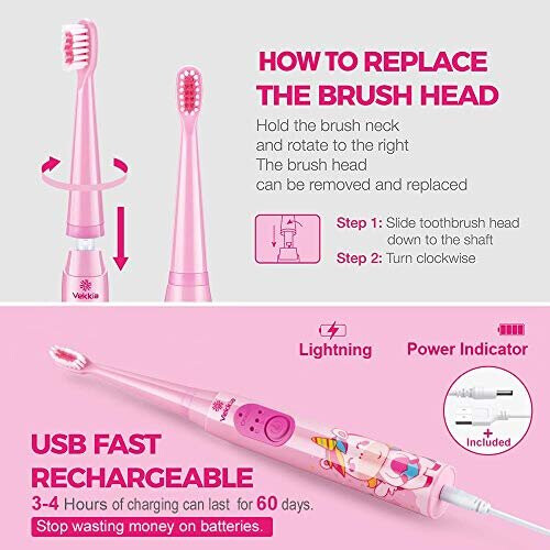 Vekkia Sonic Rechargeable Kids Electric Toothbrush, 3 Modes with Memory ...