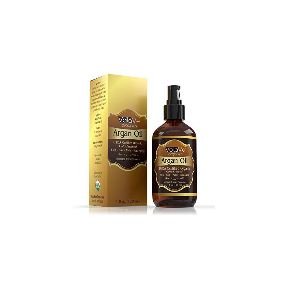 Voilave Usda And Ecocert Pure Organic Moroccan Argan Oil For Skin, Nails & Hair Growth, Anti-Aging Face Moisturizer, Cold Pressed, Hair Moisturizer, R