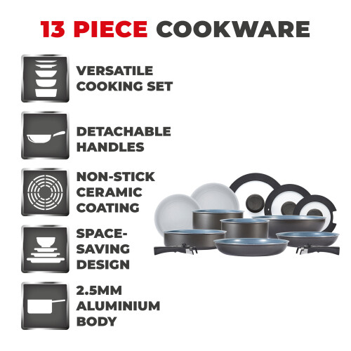 Tower Tower Freedom T800200 13 Piece Cookware Set, Detachable Handles, Graphite 1