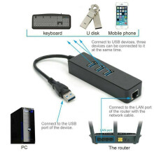 USB 3.0 3 Port Hub Splitter External Extension Cable With Gigabit Ethernet Port
