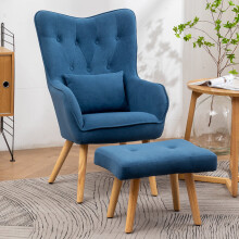 (Navy Blue) Occasional Armchair with Footstool Set,Frosted Velvet Sofa Chair Upholstered Wing Back Lounge Chair with Cushion