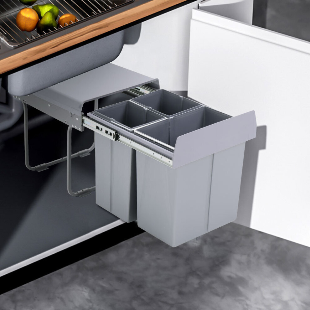 Living And Home (2X10l+20L) 40Litre Pulll Out Recycling Waste Bin Kitchen Cabinet Base Unit 400Mm Soft Close Grey