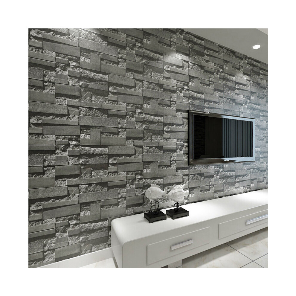 Modern Stacked 3D Stone Wallpaper Roll Grey Charcoal Brick Slate Wall Effect 10M