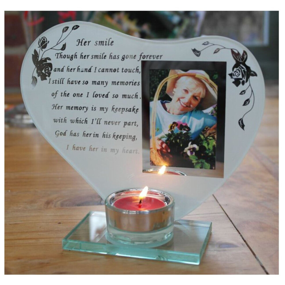 Her smile - Inspirational poem, candle and photo holder glass memorial plaque