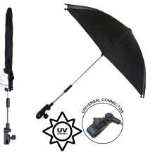 FS639 Baby Pram Parasol 16-inch Black UV Sun & Rain Shield, Universal Fit, Adjustable Stroller Umbrella 70cm Open