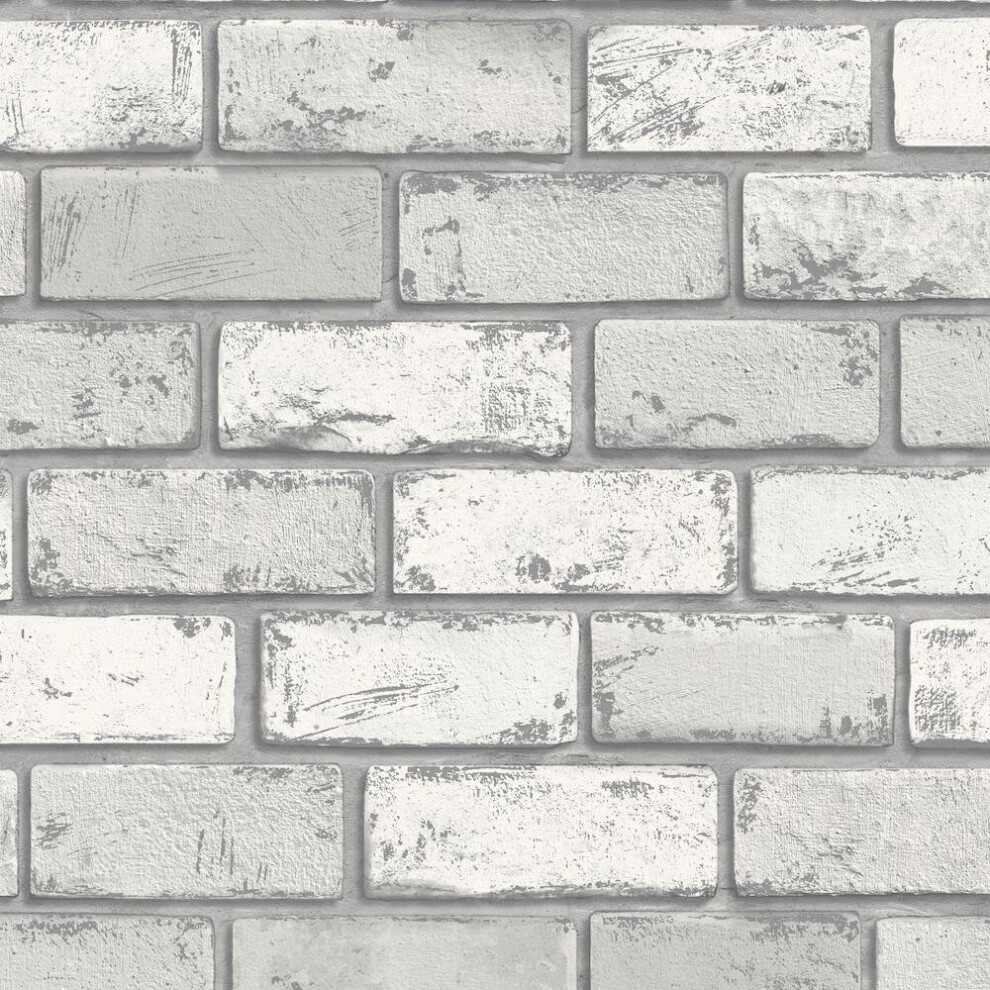 Arthouse 3D Effect Metallic Brick Wallpaper Stone Slate Industrial White/Silver