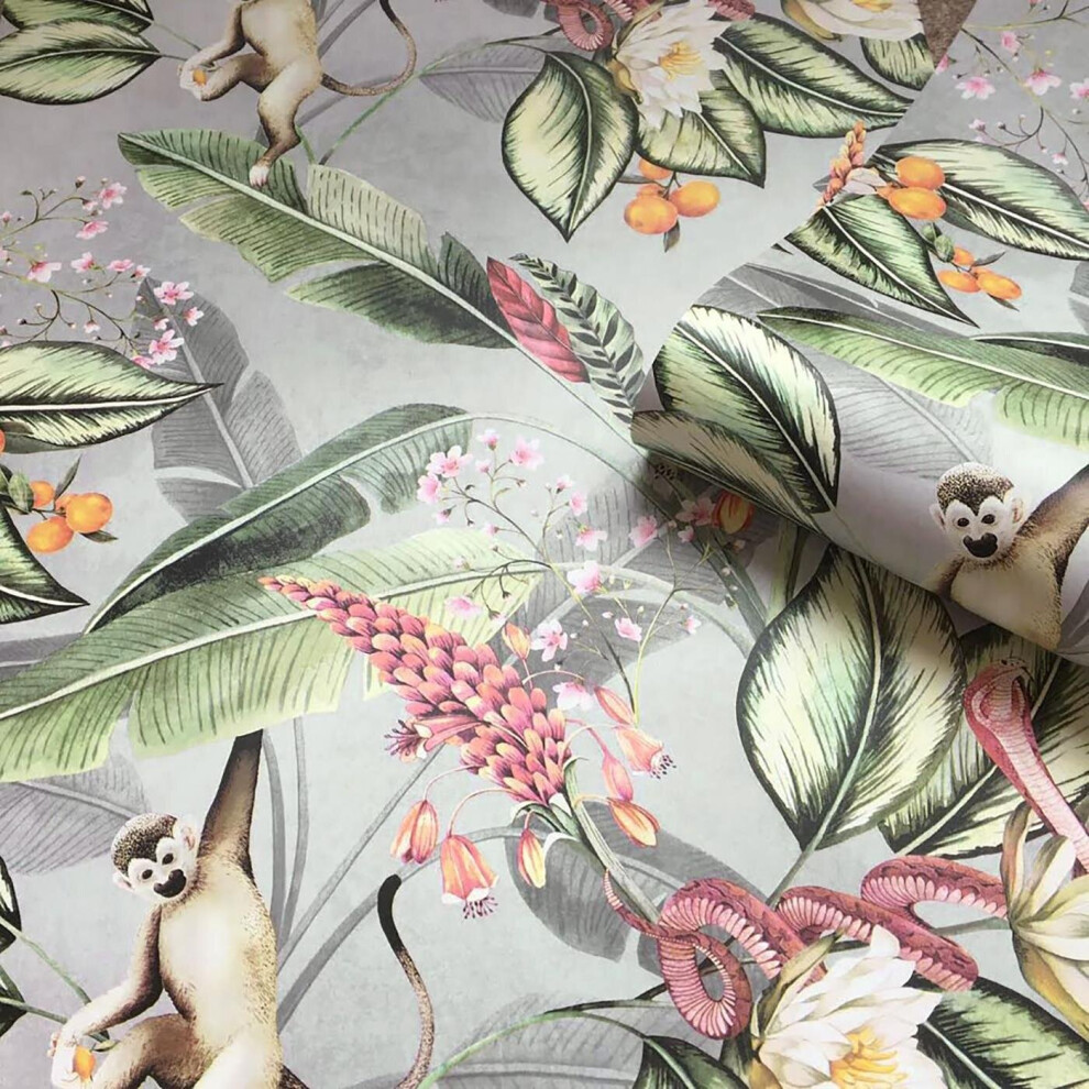 B&Q - Belgravia Tropical Animal Garden Jungle Floral Palm Grey Green Pink Wallpaper - Image 4