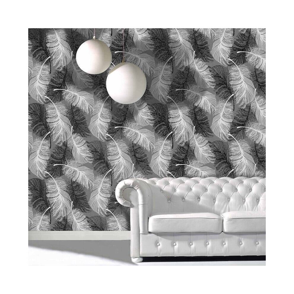 Feather Wallpaper Glitter Effect Textured Monochrome Grey Black White