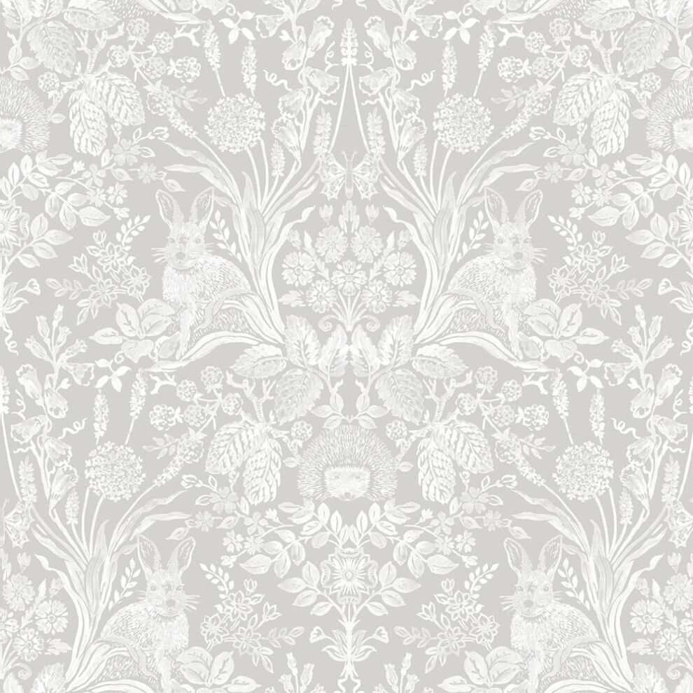 Holden Decor Harlen Wallpaper Trees Flowers Hedgehogs Leaves Rabbits Damask Grey/White