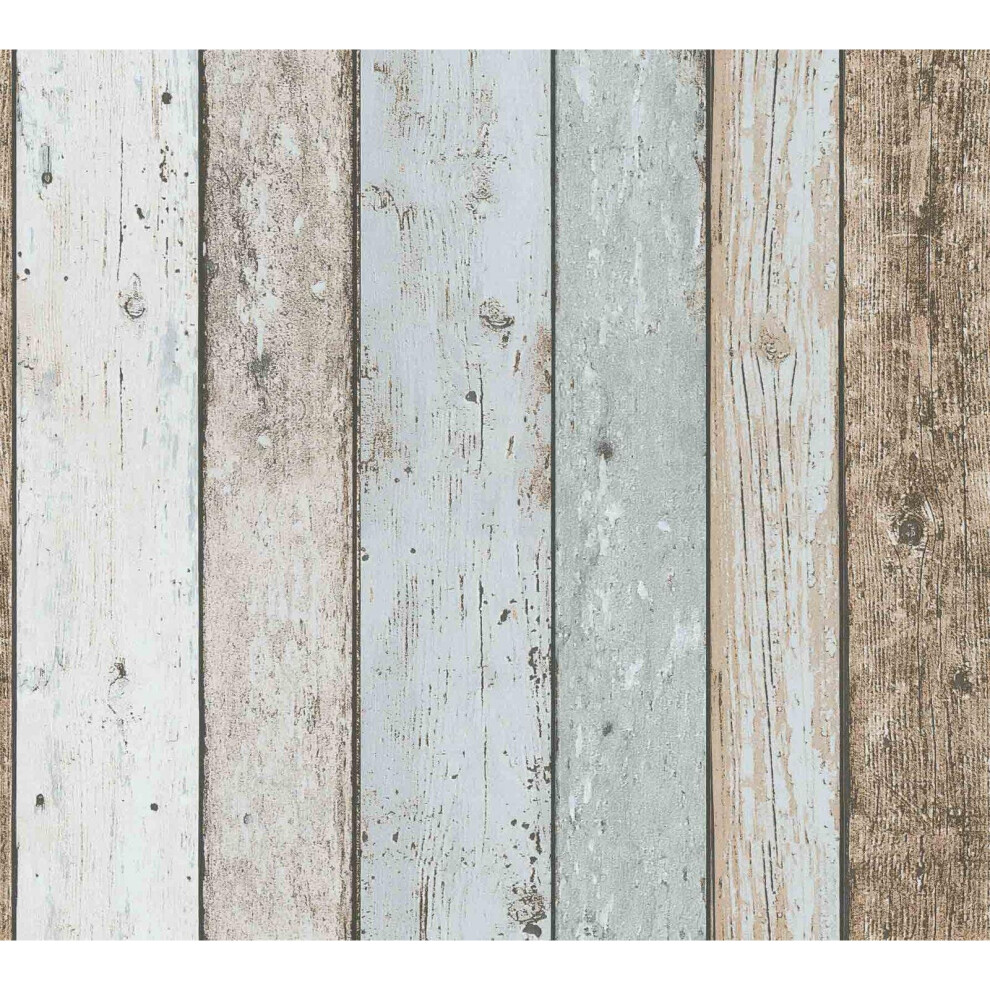 A.S Creation 3D Effect Wood Panel Plank Wallpaper Distressed Cream Blue Brown