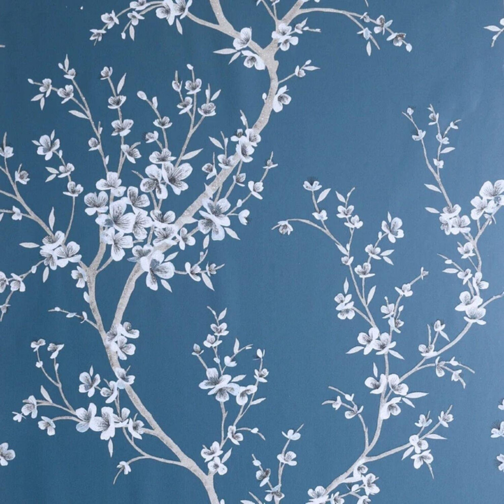 Oriental Trail Teal Wallpaper White Blossom Flowers Floral Dark Blue Decor 5050192692854