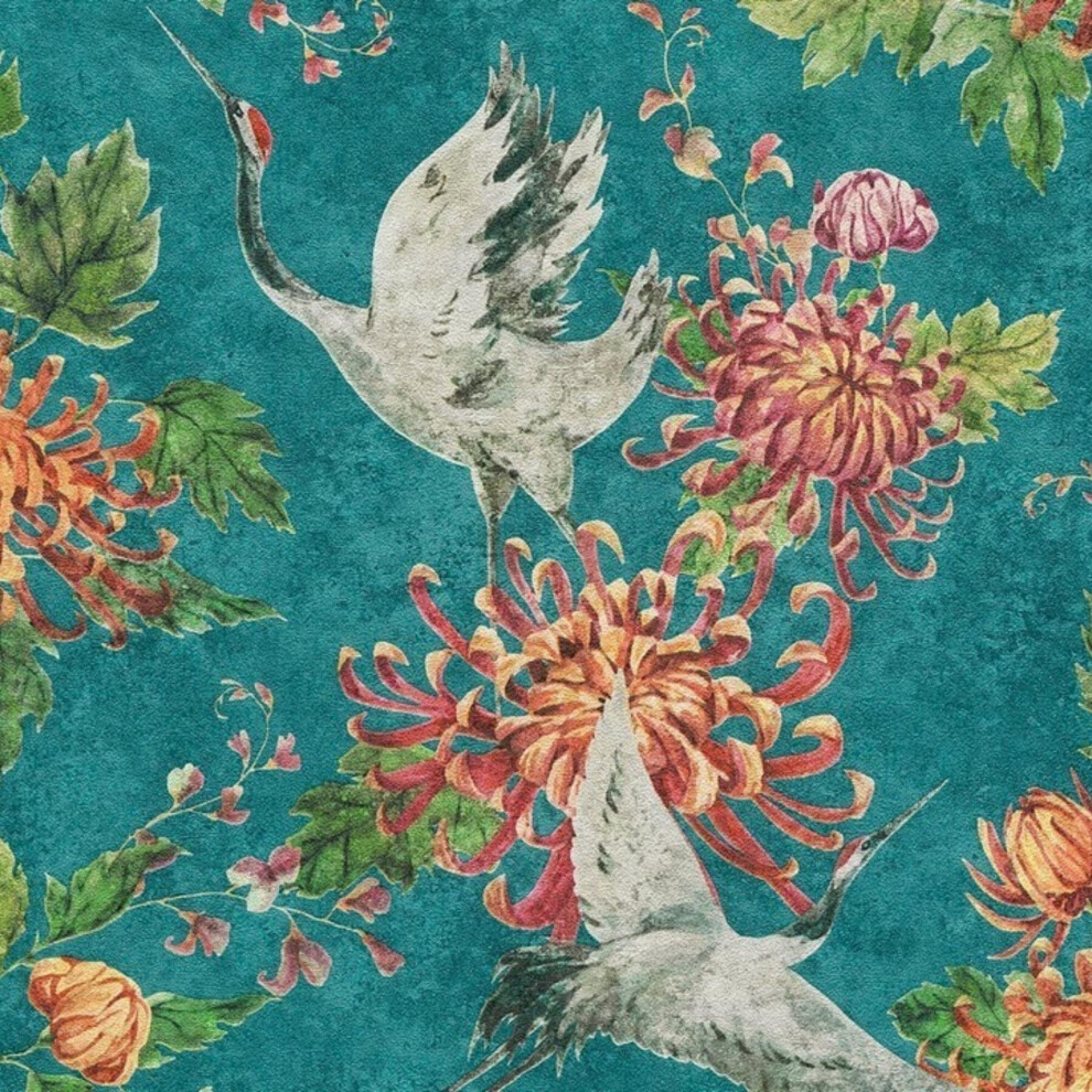 Asian Fusion Crane Bird Wallpaper Emerald Green Textured Vinyl Paste The Wall 4051315442166