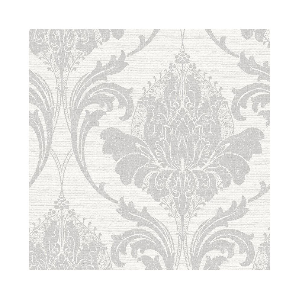 Silver Grey Damask Wallpaper Modern Metallic Linen Sheen Effect Crown Zahra