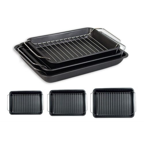 3 Roasting Tray Set Roasters with Racks Handles Non-Stick Carbon