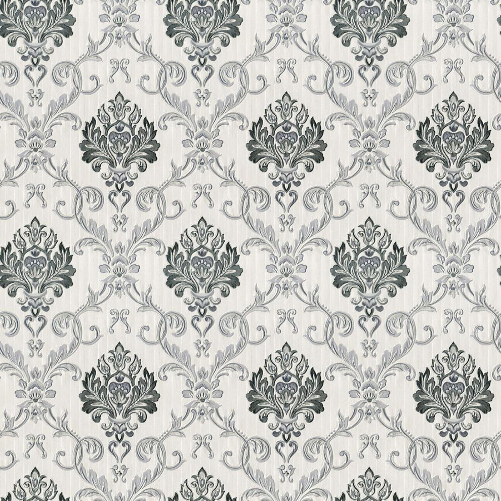 Duplex Damask Wallpaper Debona Grey Silver Embossed Textured Vinyl Metallic