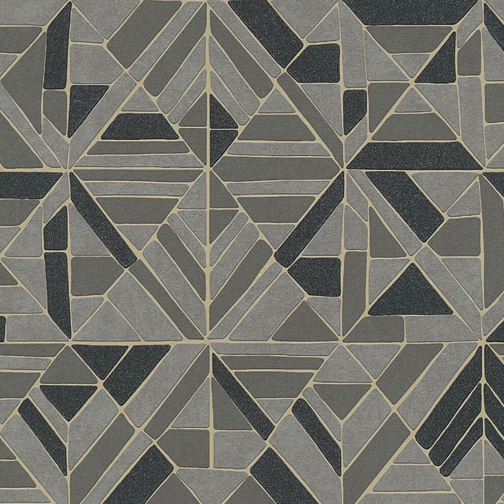 A.S Creation Retro Black Grey Tiles Metallic Gold Wallpaper Vinyl