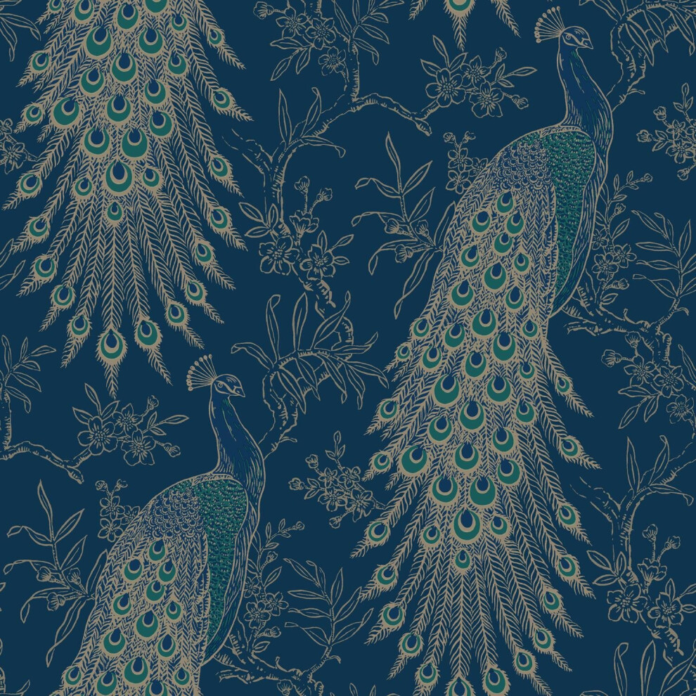 Peacock Wallpaper Navy Blue Gold Metallic Feather Floral Vintage Birds Rasch