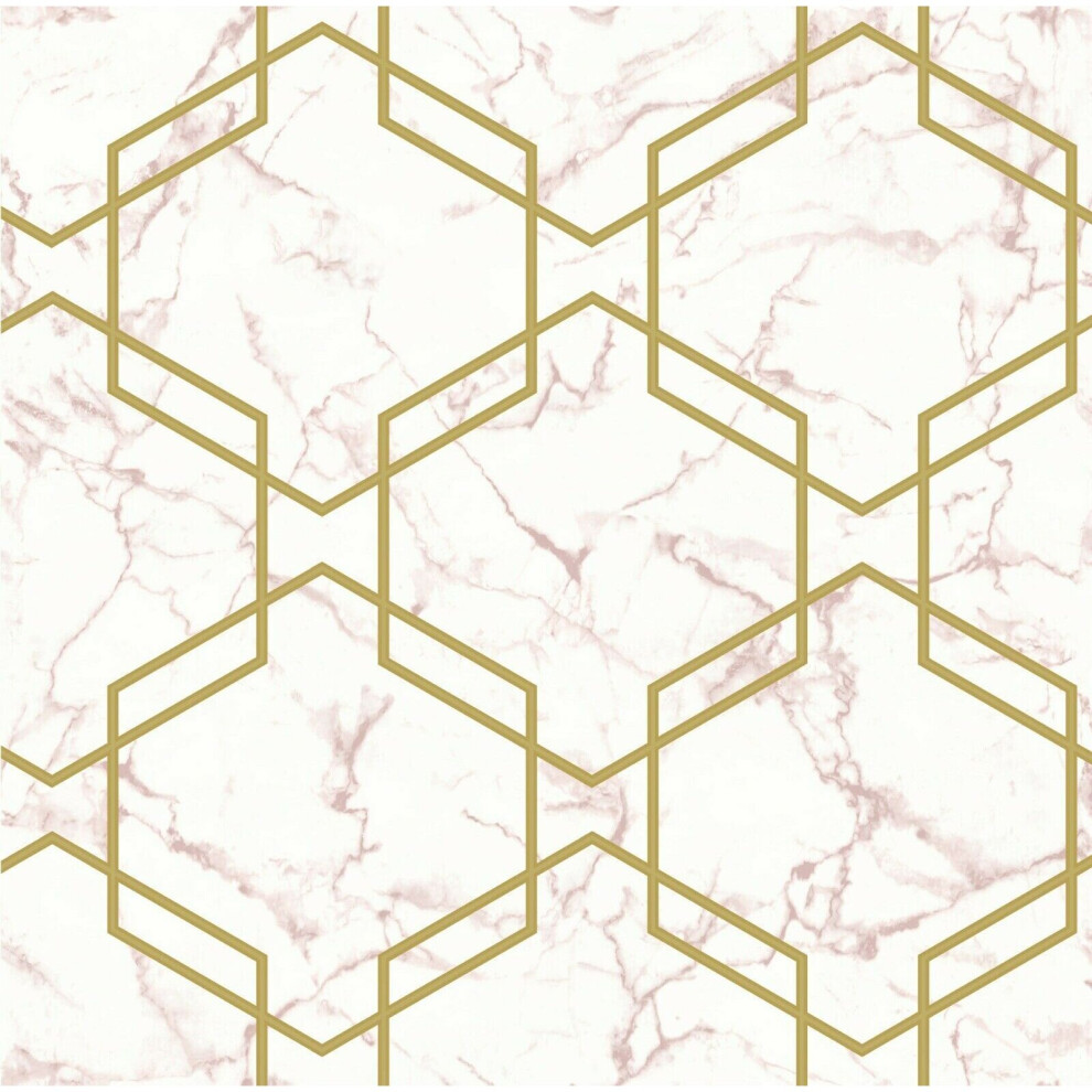 Hexagon Geometric Marble Wallpaper Pink Metallic Gold Silver Holden Decor