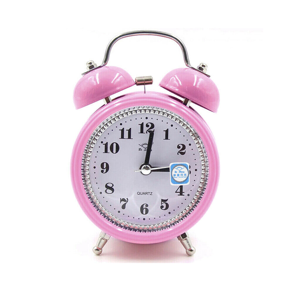 (Pink) Alarm Clock Super Loud Double Bell Quartz Movement Night Light Bedside Home!