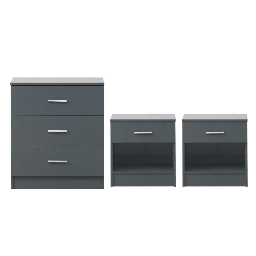 3 Piece Bedroom Furniture Set Chest Drawers 2x Bedside Table Dark Grey