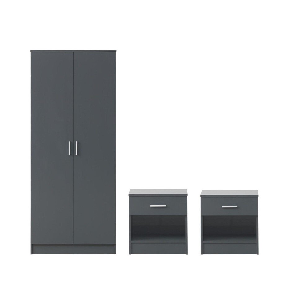 3 Piece Bedroom Furniture Set Wardrobe 2x Bedside Table Dark Grey
